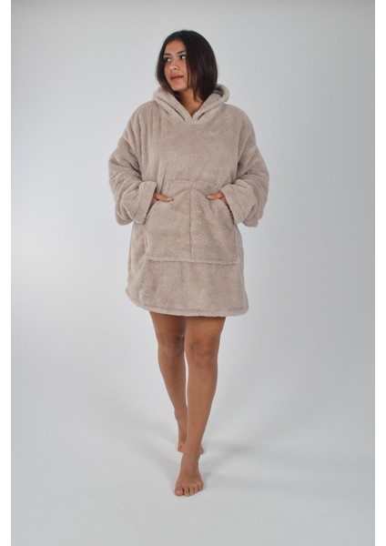Welsoft Kapüşonlu Giyilebilir Tv Battaniyesi Unisex Peluş Oversize Panço Sabahlık
