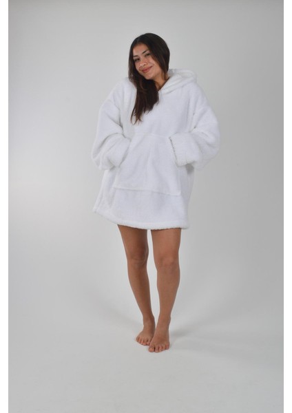 Welsoft Kapüşonlu Giyilebilir Tv Battaniyesi Unisex Peluş Oversize Panço Sabahlık
