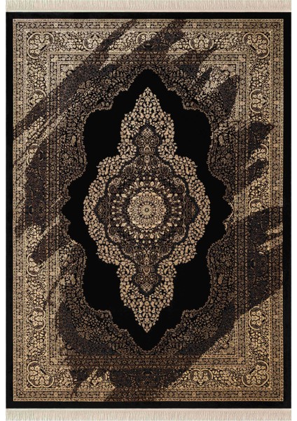 Diamente DM002S Siyah Çerçeveli Göbekli Klasik Desen 100 Tarak Bambu Viskon Renkli Halı Ipek Serisi