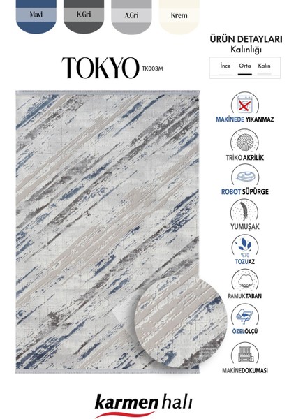 Tokyo TK003M Gri Halı Lacivert Deyatlı Modern Akrilik Halı Kaymaz Taban Tozuaz Salon Halısı Koridor