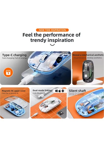 Şeffaf Mouse Kablosuz Mouse Fare Şarjlı Bluetooth Wireless Çift Modlu Sessiz 5 Tuşlu Dpı Kontrol fırsatları