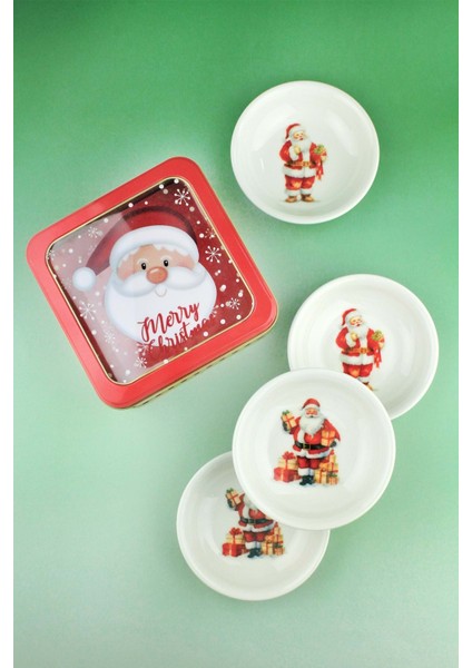 Santa Joy 4 Parça Porselen Çerezlik Metal Yılbaşı Hediye Kutulu