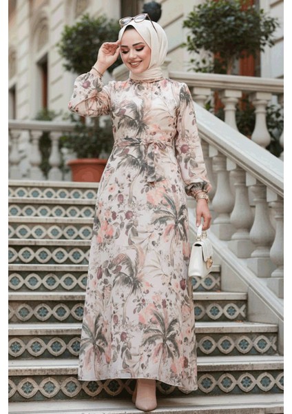 Çiçek Desenli Bej Tesettür Elbise 27988BEJ fırsatları