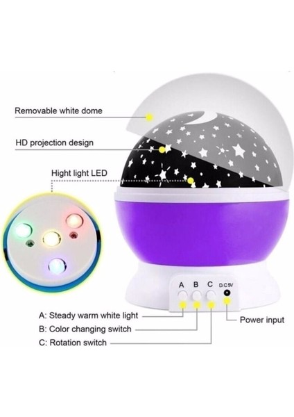 Ay Yıldız DESENLI 360° Dönen projektör Renkli Ledli Uyku Işığı Bebek Çocuk Odası gece Lambası Mor fırsatları