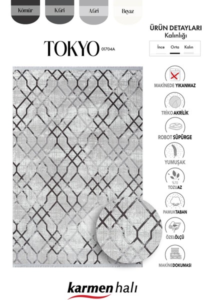 Tokyo 1704 Gri Halı Antrasit Detaylı Geometrik Desen Modern Akrilik Halı Kaymaz Taban Tozuaz