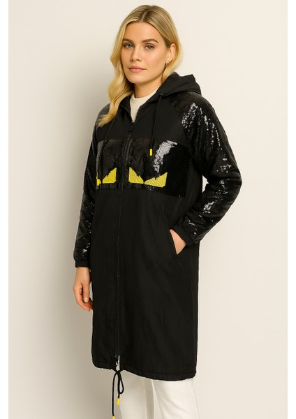 Kadın Kapüşonlu Pullu Paraşüt Kumaş Fermuarlı Siyah Ceket | Penye Astarlı