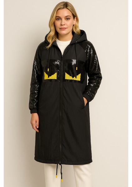 Kadın Kapüşonlu Pullu Paraşüt Kumaş Fermuarlı Siyah Ceket | Penye Astarlı fiyatları