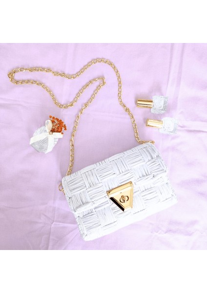 Kanvas Örgü Omuz Çantası/ Simli Beyaz