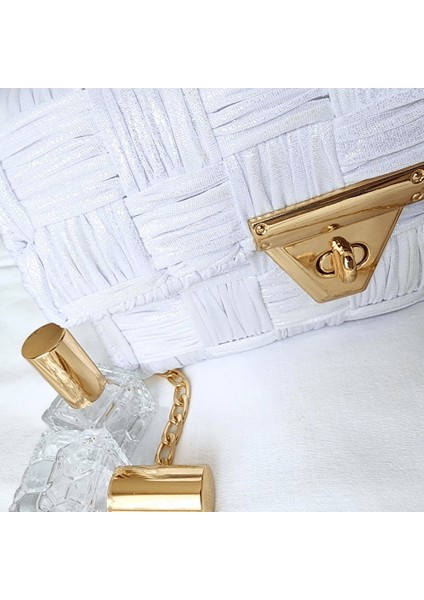 Kanvas Örgü Omuz Çantası/ Simli Beyaz fırsatları