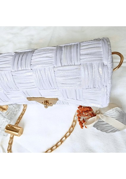 Kanvas Örgü Omuz Çantası/ Simli Beyaz indirimleri