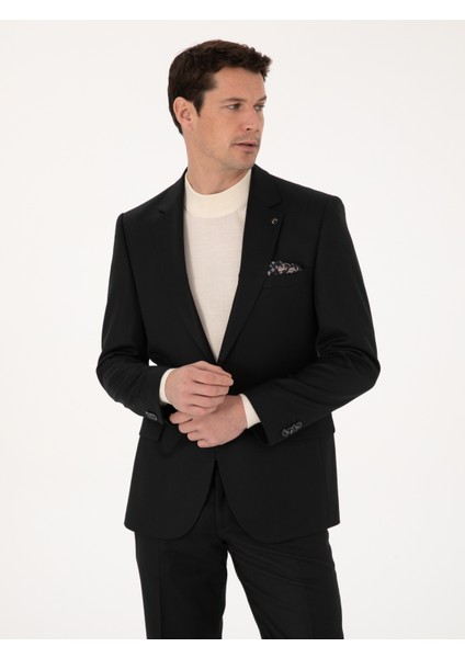 Erkek Siyah Slim Fit Yün Karışımlı Mikro Desenli Klasik Ceket 50310061-VR046