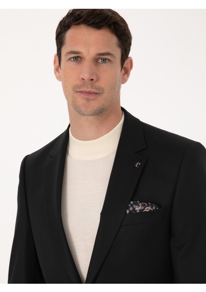 Erkek Siyah Slim Fit Yün Karışımlı Mikro Desenli Klasik Ceket 50310061-VR046