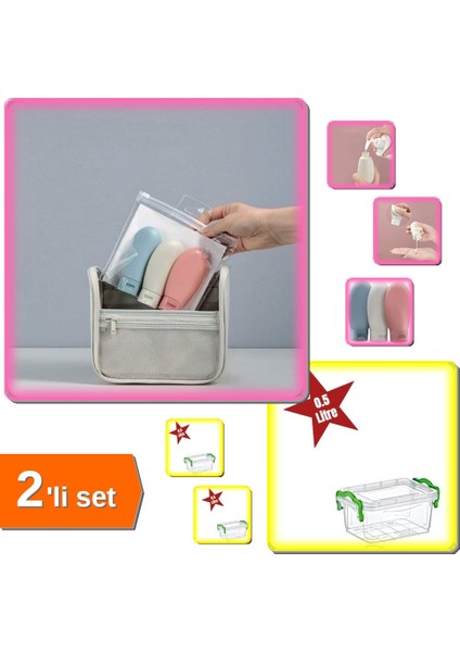3 Adet Seyahat Tipi Bakım Ürünleri Düzenleyici + 0.5 Litre Mini Saklama Kutusu - 2li Set P2W9F2