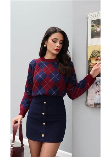 Bordo Küçük Baklava Desenli Kazak