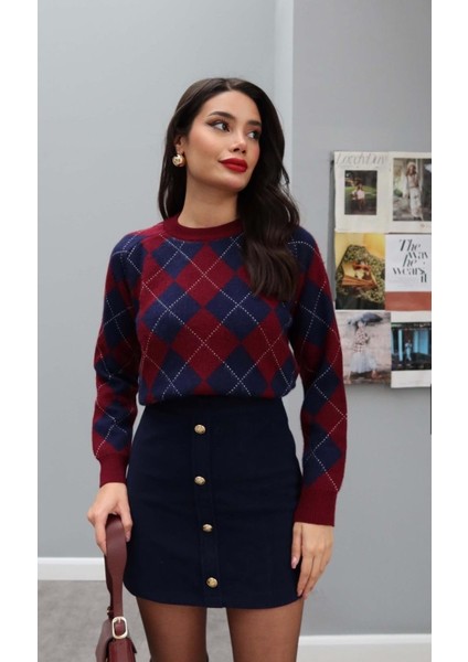 Bordo Küçük Baklava Desenli Kazak fiyatları