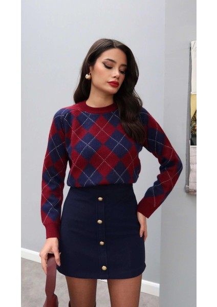 Bordo Küçük Baklava Desenli Kazak modelleri