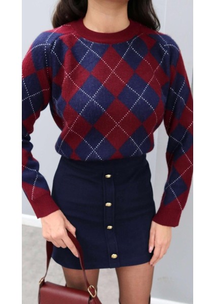 Bordo Küçük Baklava Desenli Kazak fırsatları