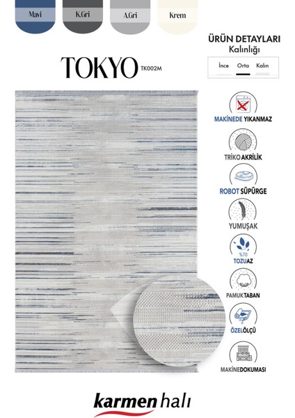 Tokyo TK002M Gri Halı Lacivert Detaylı Modern Akrilik Kaymaz Taban Tozuaz Salon Halısı Yatak Odası