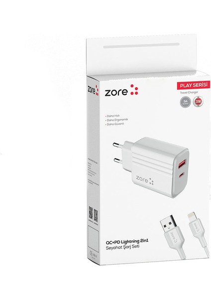 ​zore Play Serisi PL05 Lightning 2in1 Seyahat Şarj Aleti 20W - Beyaz