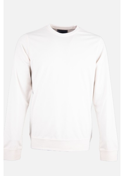 Erkek Bisiklet Yaka Sweatshirt Merserize Dokuma Pamuk Rahat Kalıp Bej