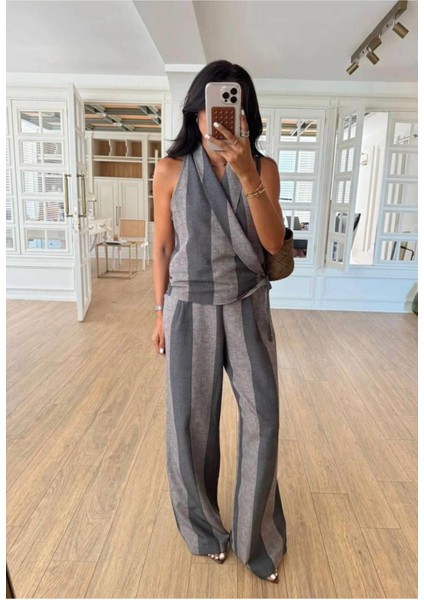 Keten Yelek Palazzo Pantolon Çizgi Detaylı Kadın Takım