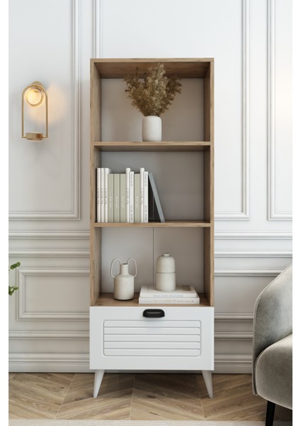 4 Raflı 162 cm Country Model Mdf Membran Kapaklı Salon Dolabı Kitaplık Çok Amaçlı Dolap