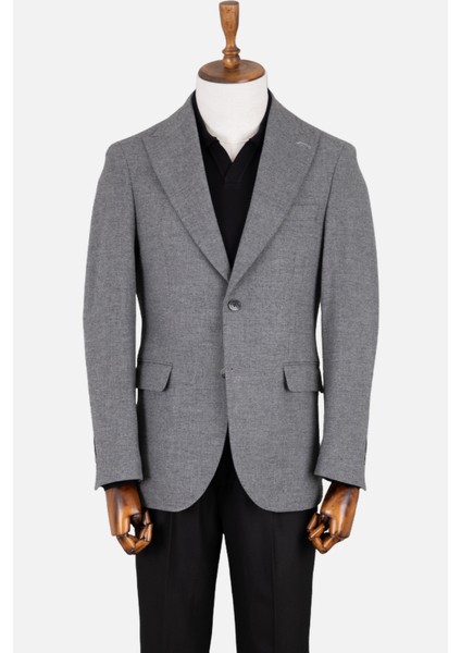 Erkek Iki Düğme Ceket Flanel Yün Desenli Sivri Yaka Çift Yırtmaç Gri