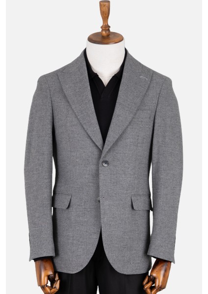 Erkek Iki Düğme Ceket Flanel Yün Desenli Sivri Yaka Çift Yırtmaç Gri
