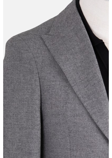 Erkek Iki Düğme Ceket Flanel Yün Desenli Sivri Yaka Çift Yırtmaç Gri