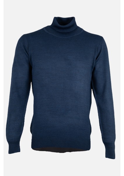Erkek Tam Balıkçı Yaka Triko Kazak Slim Fit Yün Indigo