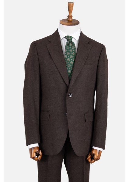 Erkek Klasik Takım Elbise Flanel Yün Mono Yaka Çift Yırtmaç Rahat Kalıp Kahverengi