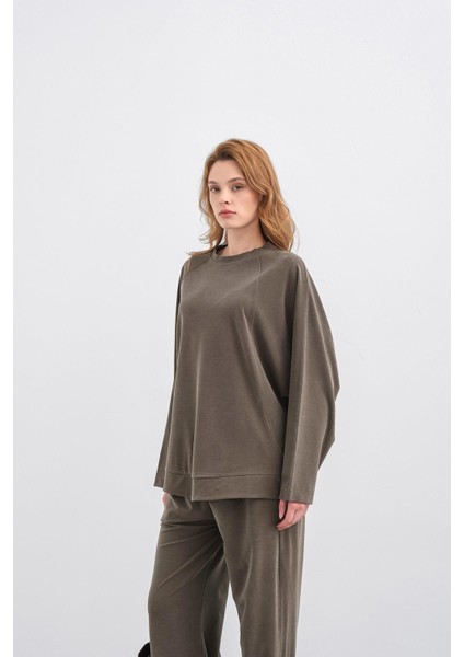 Haki Kadın Tencel Karışımlı Yumuşak Dokulu Bisiklet Yaka Basic Bol Paça Alt-Üst Takım fiyatları