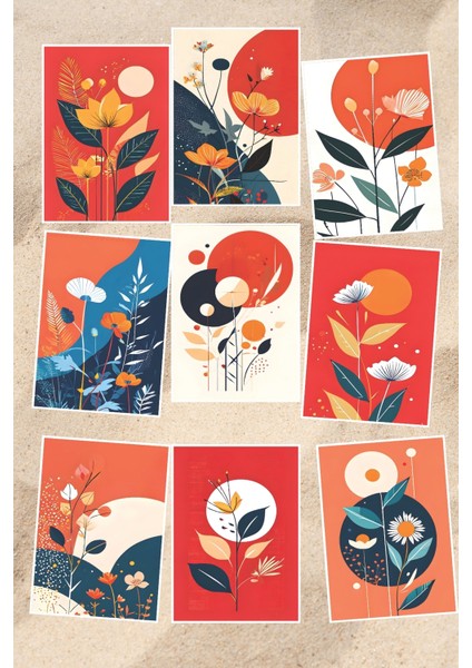 Kırmızı Bohem Çiçekler Temalı 9'lu Kartpostal