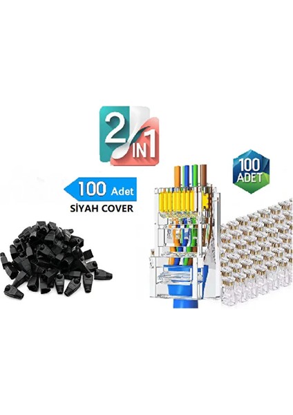 Yeni Nesil RJ45 Konnektör Delikli + RJ45 Cat6 Cat5 Koruma Kılıfı 100'LÜ Paket Siyah