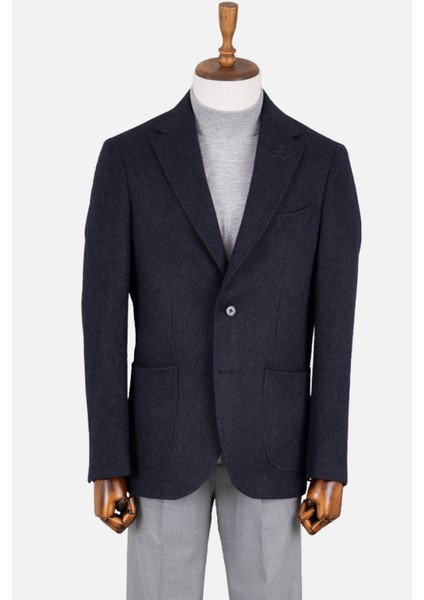 Erkek Iki Düğme Ceket Yün Torba Cep Çift Yırtmaç Casual Lacivert