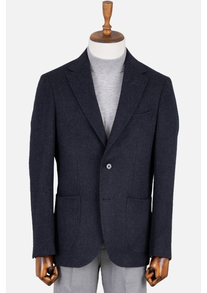 Erkek Iki Düğme Ceket Yün Torba Cep Çift Yırtmaç Casual Lacivert