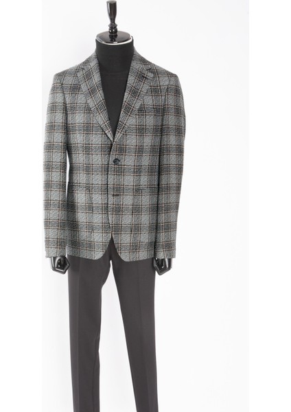 Erkek Iki Düğme Ceket Yün Ekose Desen Mono Yaka Casual Gri