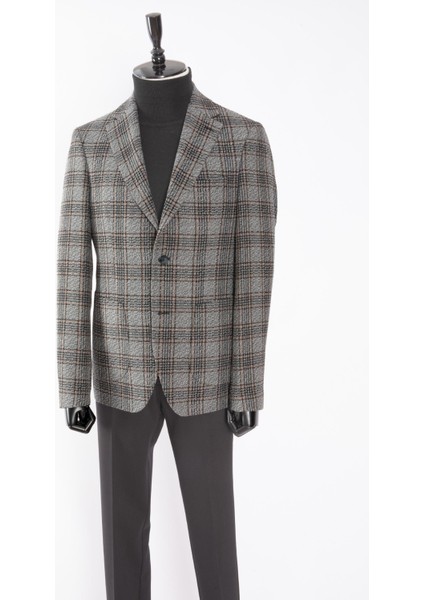 Erkek Iki Düğme Ceket Yün Ekose Desen Mono Yaka Casual Gri fiyatları