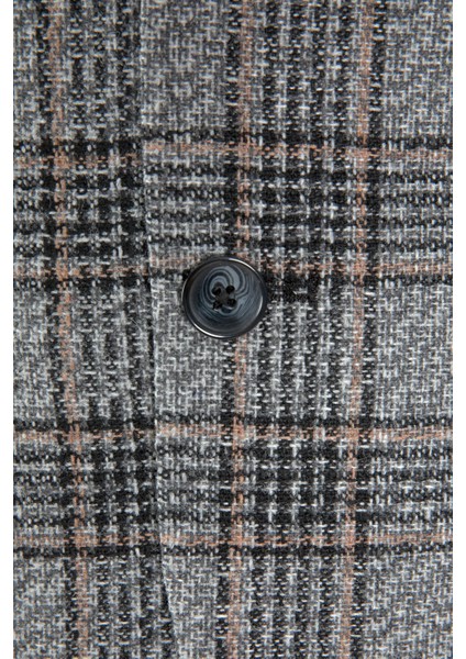 Erkek Iki Düğme Ceket Yün Ekose Desen Mono Yaka Casual Gri