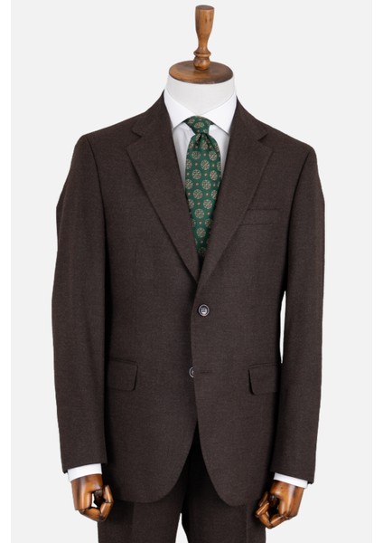 Erkek Klasik Takım Elbise Flanel Yün Mono Yaka Çift Yırtmaç Rahat Kalıp Kahverengi