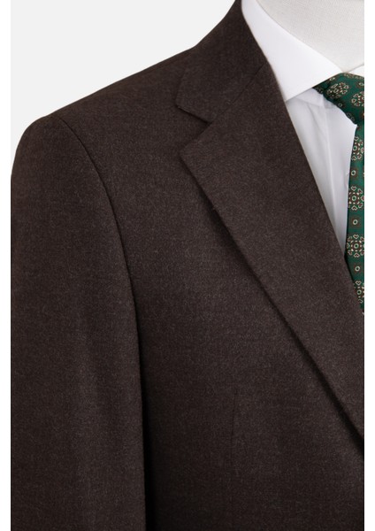 Erkek Klasik Takım Elbise Flanel Yün Mono Yaka Çift Yırtmaç Rahat Kalıp Kahverengi