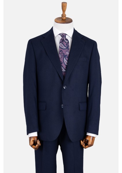 Erkek Klasik Takım Elbise Flanel Yün Mono Yaka Çift Yırtmaç Rahat Kalıp Lacivert