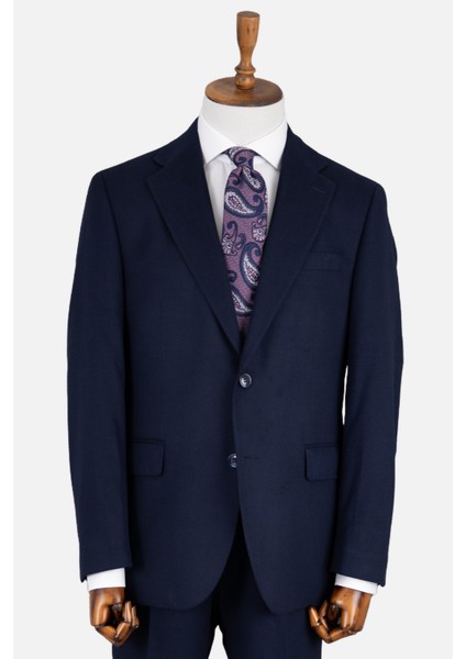 Erkek Klasik Takım Elbise Flanel Yün Mono Yaka Çift Yırtmaç Rahat Kalıp Lacivert