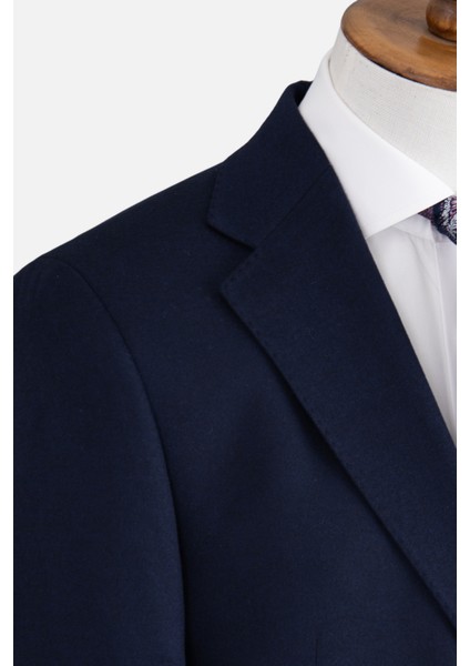 Erkek Klasik Takım Elbise Flanel Yün Mono Yaka Çift Yırtmaç Rahat Kalıp Lacivert