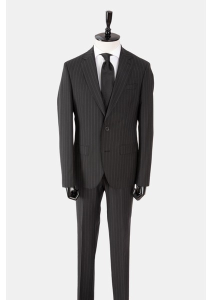Erkek Klasik Takım Elbise Çizgili Mono Yaka Yün Rahat Kalıp Siyah