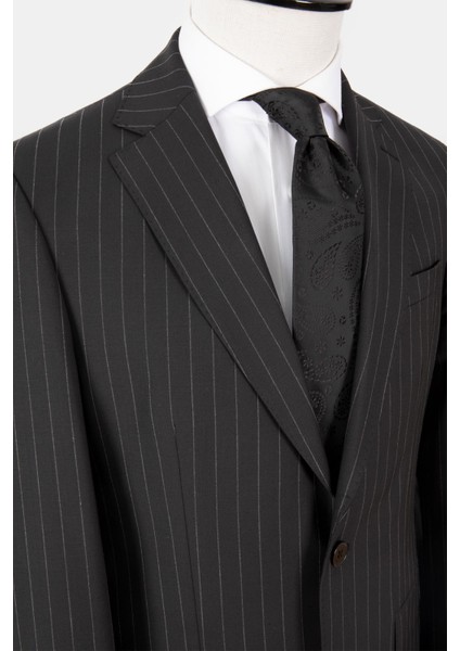 Erkek Klasik Takım Elbise Çizgili Mono Yaka Yün Rahat Kalıp Siyah modelleri