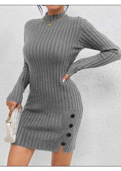 Yarım Balıkçı Yırtmaç Detay Süs Düğmeli Kadın Triko Elbise fiyatları