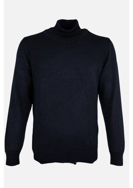 Erkek Tam Balıkçı Yaka Triko Kazak Slim Fit Yün Lacivert