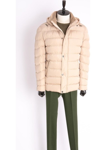 Erkek Mont Dolgulu Spor Kapşonlu Normal Kalıp Bej