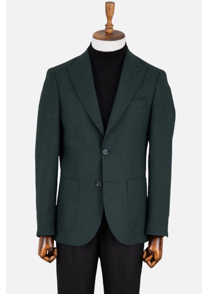 Erkek Iki Düğme Ceket Casual Yün Kırlangıç Yaka Çift Yırtmaç Yeşil